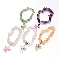Natural Mixed Stone Kids Bracelets for Children's Day, with Acrylic Bead and Antique Silver Alloy Findings, Lovely Wedding Dress Angel Dangle, Mixed Color,Antique Silver, Inner Diameter: 39mm(X-BJEW-JB02062)
