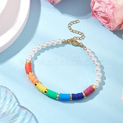 Chakra Polymer Clay Beaded Stretch Bracelets for Women, with ABS Plastic Imitation Pearl Bead, Colorful, 7-7/8 inch(20cm)(BJEW-JB11502)