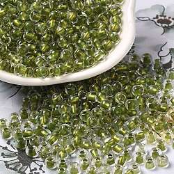 6/0 Transparent Colours Glass Seed Beads, Rondelle, Olive Drab, 4x3mm, Hole: 1.4mm, about 7500pcs/pound(SEED-P006-01A-06)