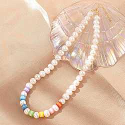 Natural Pearl & Acrylic Column Beaded Necklaces, with Brass End Chains, Real 18K Gold Plated, Long-Lasting Plated, Lead Free & Cadmium Free, Rack Plating, Colorful, 16.65 inch(42.3cm)(NJEW-C070-03)