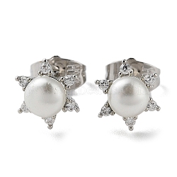 Brass Rhinestone Sun Stud Earrings with Glass Pearl, Platinum, 9x10mm(EJEW-Z021-02P)