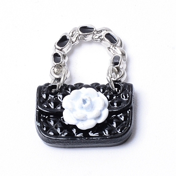 Alloy Enamel Pendants, Bag with White Flower, Platinum, Black, 24x16.5x6mm, Hole: 11x7.5mm