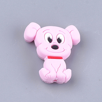 Food Grade Eco-Friendly Silicone Focal Beads, Puppy, Chewing Beads For Teethers, DIY Nursing Necklaces Making, Beagle Dog, Pearl Pink, 28x25x7.5mm, Hole: 2mm