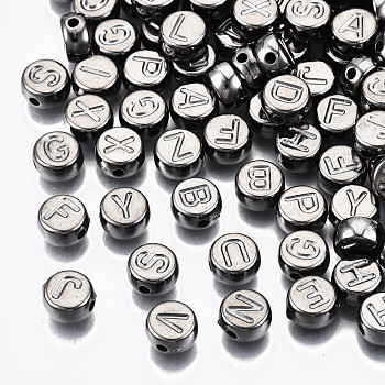 CCB Plastic Beads, Horizontal Hole, Flat Round with Letter, Gunmetal, 7x4mm, Hole: 1.8mm, about 3300pcs/500g