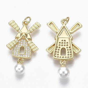 Brass Micro Pave Clear Cubic Zirconia Pendants, with ABS Plastic Imitation Pearl and Jump Ring, Nickel Free, Windmill, Real 18K Gold Plated, 33x17.5x4.5mm, Hole: 3mm