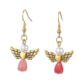 Angel Antique Golden Alloy & Resin Dangle Earrings, Imitation Pearl Acrylic Drop Earrings, Cerise, 45x21.5mm