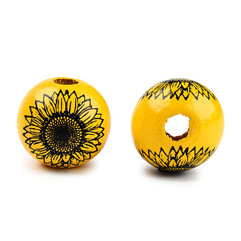 Spray Painted Wood Beads, Printed Beads, Round, Gold, 15~16x14~15mm, Hole: 3~4mm