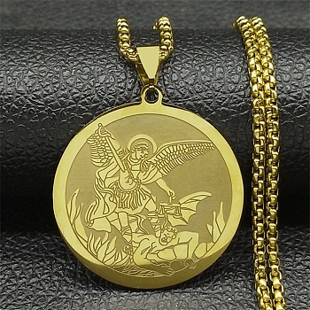 304 Stainless Steel Box Chain Archangel Saint Michael Flat Round Pendant Necklaces, Golden, 23.35 inch(59.3cm)