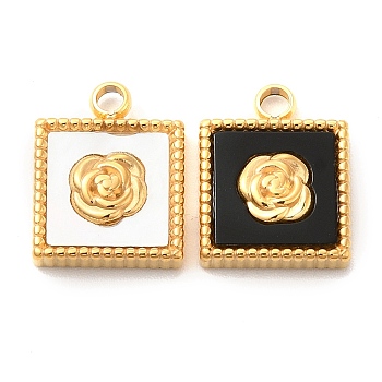Vacuum Plating 304 Stainless Steel Charms, with Shell & Acrylic, Square with Rose, Golden, 13.5x10.5x3mm, Hole: 1.8mm