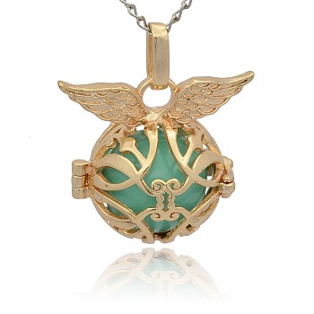 Golden Tone Brass Cage Pendants, Hollow Round with Wing, with No Hole Spray Painted Brass Round Ball Beads, Medium Turquoise, 26x29x20mm, Hole: 3x8mm