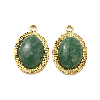 Natural African Jade Oval Charms, with Vacuum Plating Real 18K Gold Plated 201 Stainless Steel Findings, 12x8x3.5mm, Hole: 1.2mm