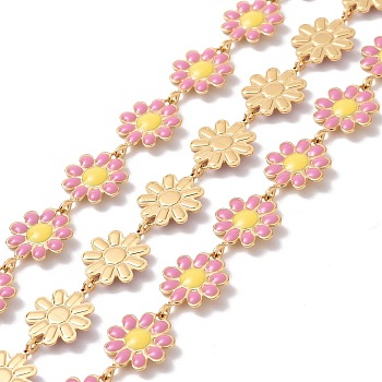 304 Stainless Steel Daisy Flower Link Chains with Enamel, Unwelded, Golden, Flamingo, 14x10x1mm