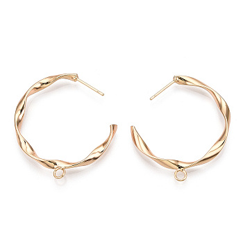 Brass Stud Earring Findings, Half Hoop Earrings, with Loop, Twisted, Nickel Free, Real 18K Gold Plated, 34x32x3mm, Hole: 2mm, Pin: 0.8mm