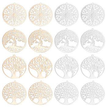 BENECREAT 32Pcs 8 Style Rack Plating Brass Filigree Pendants, Long-Lasting Plated, Flat Round, Nickel Free, Flat Round with Tree of Life & Angel & Flower, Mixed Color, 31.5~32x30x0.4mm, Hole: 1~1.4mm, 4pcs/style