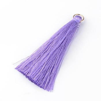 Nylon Thread Tassel Pendants Decoration, with Brass Findings, Golden, Medium Purple, 35x7mm, Hole: 7mm