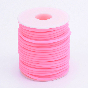 Hollow Pipe PVC Tubular Synthetic Rubber Cord, Wrapped Around White Plastic Spool, Hot Pink, 4mm, Hole: 2mm, about 16.4 yards(15m)/roll