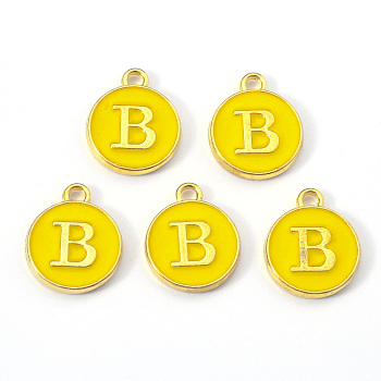Golden Plated Alloy Enamel Charms, Enamelled Sequins, Flat Round with Letter, Gold, Letter.B, 14x12x2mm, Hole: 1.5mm