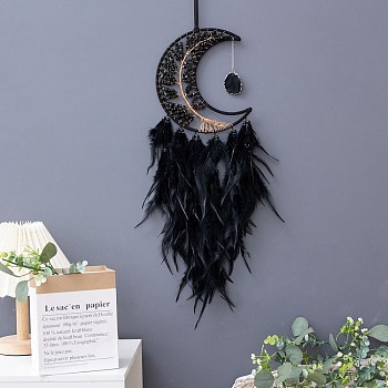 Moon with Tree of Life Natural Obsidian Chips Woven Web/Net with Feather Decorations, Home Decoration Ornament Festival Gift, Black, 160mm