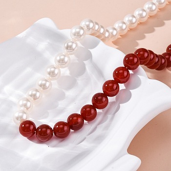 Natural Carnelian(Dyed & Heated) & Shell Pearl Round Beaded Necklaces, with 304 Stainless Steel End Chains, Ion Plating(IP), Real 14K Gold Plated, 16.38 inch(41.6cm)