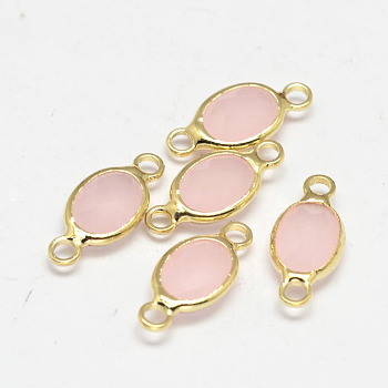 Oval Faceted Golden Brass Glass Links connectors, Pink, 15x7x3.2mm, Hole: 1mm