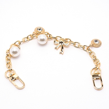 Alloy Dangling Cable Chain, with Clasps & Glass Rhinestone & ABS Imitation Pearl Beads, for Bag Accessories Replacement, Light Gold, 26x0.75cm