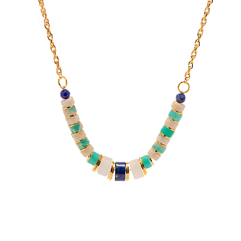 Natural Lapis Lazuli Beaded Pendant Necklace, with Golden Titanium Steel Chains, 15.35 inch(39cm)