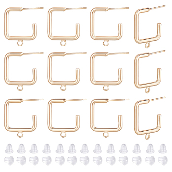 16Pcs Brass Square Stud Earring Findings, Half Hoop Earrings with Horizontal Loops, Nickel Free, with 40Pcs Plastic Ear Nuts, Real 18K Gold Plated, 19x16x2mm, Hole: 1.5mm, Pin: 0.8mm