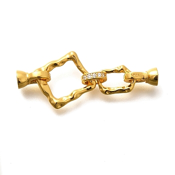 925 Sterling Silver Micro Pave Clear Cubic Zirconia Fold Over Clasps, Rhombus, Real 18K Gold Plated, 33x12x4.5mm
