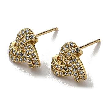 Rack Plating Brass Triangle Stud Earrings with Cubic Zirconia, Lead Free & Cadmium Free, Real 18K Gold Plated, 9x10.5mm