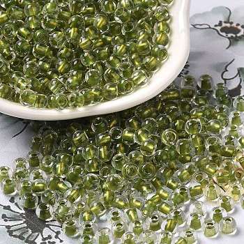 6/0 Transparent Colours Glass Seed Beads, Rondelle, Olive Drab, 4x3mm, Hole: 1.4mm, about 7500pcs/pound