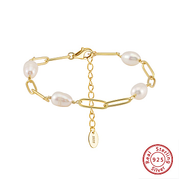 Shell Pearl Beaded Bracelets, with 925 Sterling Silver Paperclip Chains, Real 14K Gold Plated, 6-5/8 inch(16.8cm)