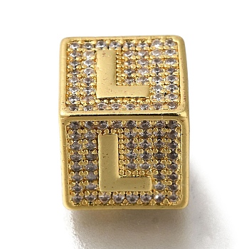 Brass Cubic Zirconia Beads, Letter L, Square, Letter L, 9.5x9.5x9.5mm, Hole: 6mm