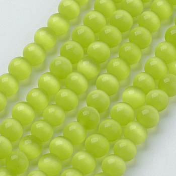 Cat Eye Beads, Round, Yellow Green, 6mm, Hole: 1mm, about 66pcs/strand, 14.5 inch/strand