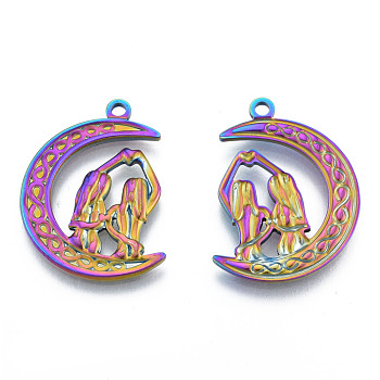 Ion Plating(IP) 201 Stainless Steel Pendants, Moon with Woman, Rainbow Color, 31x22x2mm, Hole: 2mm