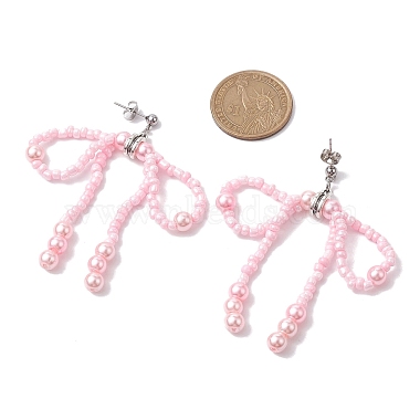 Boucles d'oreilles pendantes avec nœud papillon en graines de verre et imitation de perles(EJEW-MZ00124)-3