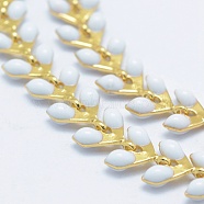 Brass Handmade Chains, Unwelded, with Enameled Cobs, Long-Lasting Plated, Leaf, Real 18K Gold Plated, White, 6.5x6x0.5mm(CHC-P004-C01G)