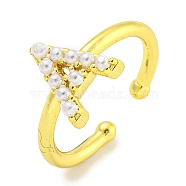 Rack Plating Brass Open Cuff Rings for Women, with ABS Imitation Pearl, Cadmium Free & Lead Free, Long-Lasting Plated, Letter, Letter A, Inner Diameter: 17mm, Letter A: 11x9.8mm(RJEW-F162-01G-A)