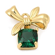 Real 18K Gold Plated Brass Pendants, with Glass, Cadmium Free & Lead Free, Christmas Gift Box with Bowknot Charms, Sea Green, 15x14x4.5mm, Hole: 1.2mm(KK-R150-12G-03)
