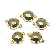 Natural Pyrite Links connectors, with Golden Tone Brass Findings, Flat Round, Faceted, 11.5x17x4.5mm, Hole: 1.2mm(G-O177-13E-G)