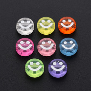 Transparent Acrylic Beads, with Glitter Powder, Flat Round with White Enamel Smile Face, Mixed Color, 10x5mm, Hole: 2mm, about 1450pcs/500g(MACR-N008-55-D)