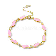 Brass Micro Pave Cubic Zirconia Chain Bracelets, Enamel Style Pink Wave Link Chain Bracelet for Women, with Chain Extender & Lobster Claw Clasp, Golden, 7-1/2 inch(19cm)(BJEW-P288-09G)
