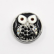 Nickel Free & Lead Free Zinc Alloy Rhinestone Enamel Jewelry Snap Buttons, Grade A, Flat Round with Owl Pattern, Jet, 19.5~21x8mm, knob: 5mm(SNAP-G001-08A-FF)