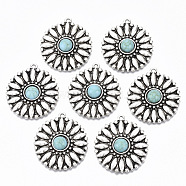 Tibetan Style Alloy Pendants, with Synthetic Turquoise, Cadmium Free & Lead Free, Flower, Antique Silver, 34x30x6mm, Hole: 1.8mm(X-PALLOY-R113-007-RS)