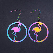 201 Stainless Steel Dangle Earrings, Ring with Flamingo, Rainbow Color, 66x40mm, Pin: 0.7mm(STAS-S105-JN430)