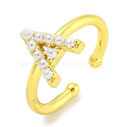 Rack Plating Brass Open Cuff Rings for Women, with ABS Imitation Pearl, Cadmium Free & Lead Free, Long-Lasting Plated, Letter, Letter A, Inner Diameter: 17mm, Letter A: 11x9.8mm(RJEW-F162-01G-A)