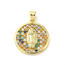 Brass with Cubic Zirconia Pendant, Round, Colorful, 22x20x3.4mm, Hole: 5x3.5mm(FIND-Z023-09A-02)