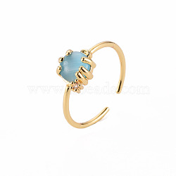 Brass Micro Pave Clear Cubic Zirconia Cuff Rings, Open Rings, with Cat Eye, Cadmium Free & Nickel Free & Lead Free, Flat Round, Sky Blue, Real 16K Gold Plated, US Size 7 1/4(17.5mm)(RJEW-S045-085-NR)