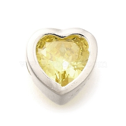 925 Sterling Silver Cubic Zirconia Beads, Heart, with 925 Stamp, Silver Color Plated, Yellow, 6.5x6.5x4.5mm, Hole: 1.5mm(STER-L066-06S-02)