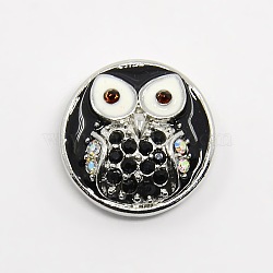 Nickel Free & Lead Free Zinc Alloy Rhinestone Enamel Jewelry Snap Buttons, Grade A, Flat Round with Owl Pattern, Jet, 19.5~21x8mm, knob: 5mm(SNAP-G001-08A-FF)