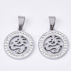 201 Stainless Steel Filigree Pendants, Flat Round with Dragon, with Random Size Snap On Bails and Polymer Clay Crystal Rhinestones, Stainless Steel Color, 23x20x2.5mm, Hole: 8~10x3~5mm(STAS-N089-44P)